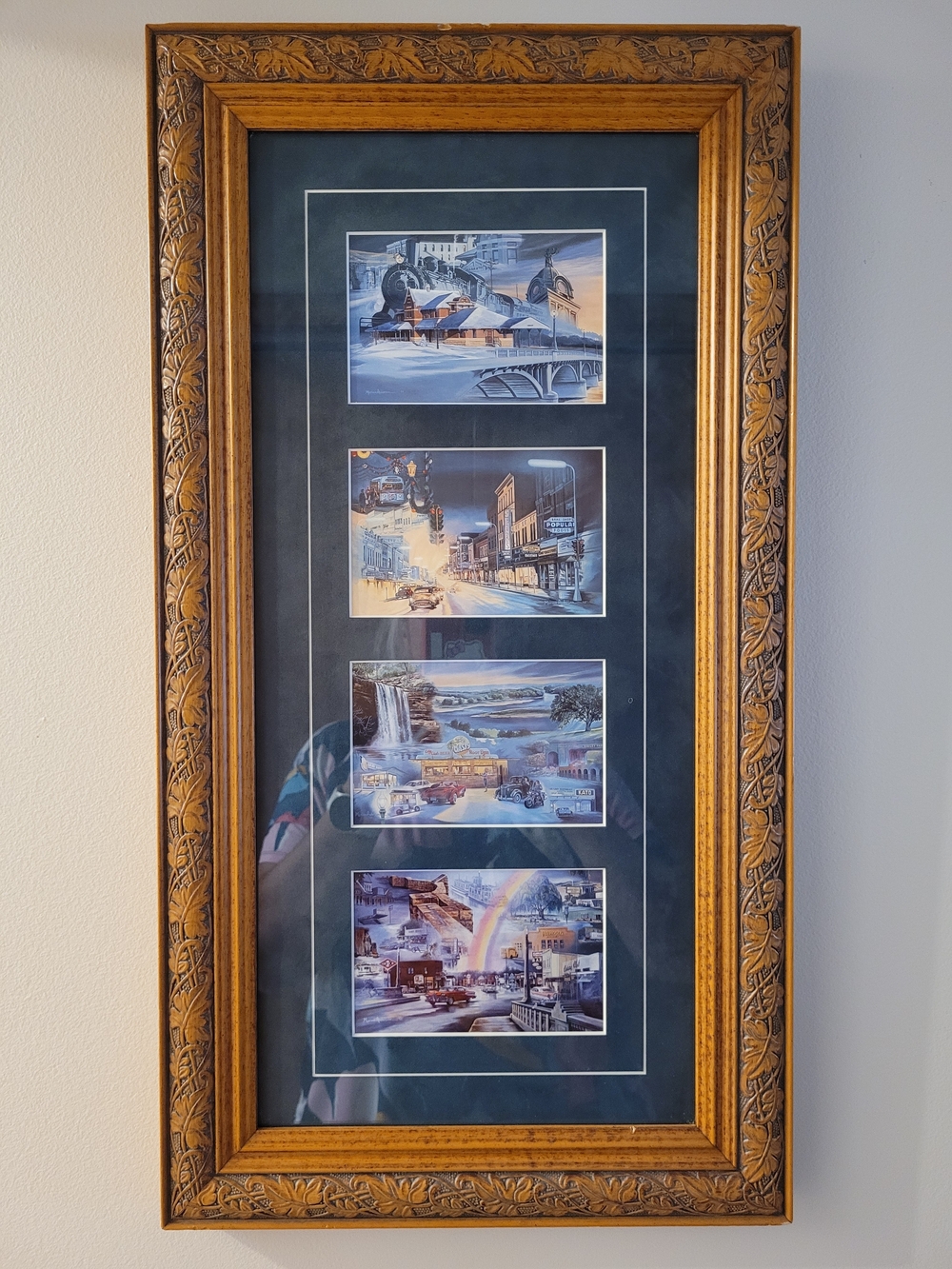 Framed Multi-Scene Winter Town Print in Ornate Wooden Frame